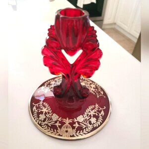 Vintage Martinsville Sterling Silver Etched Ruby Glass Viking Candlestick Holder